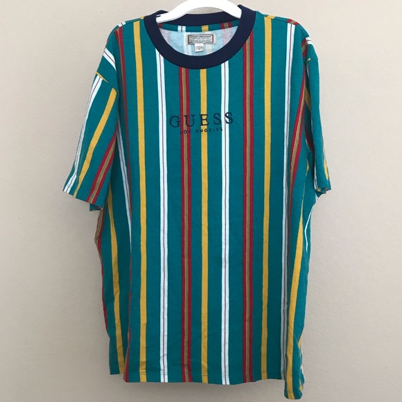 GUESS Originals Vertical Striped Tee T Shirt Mens Medium Vintage Style Green M